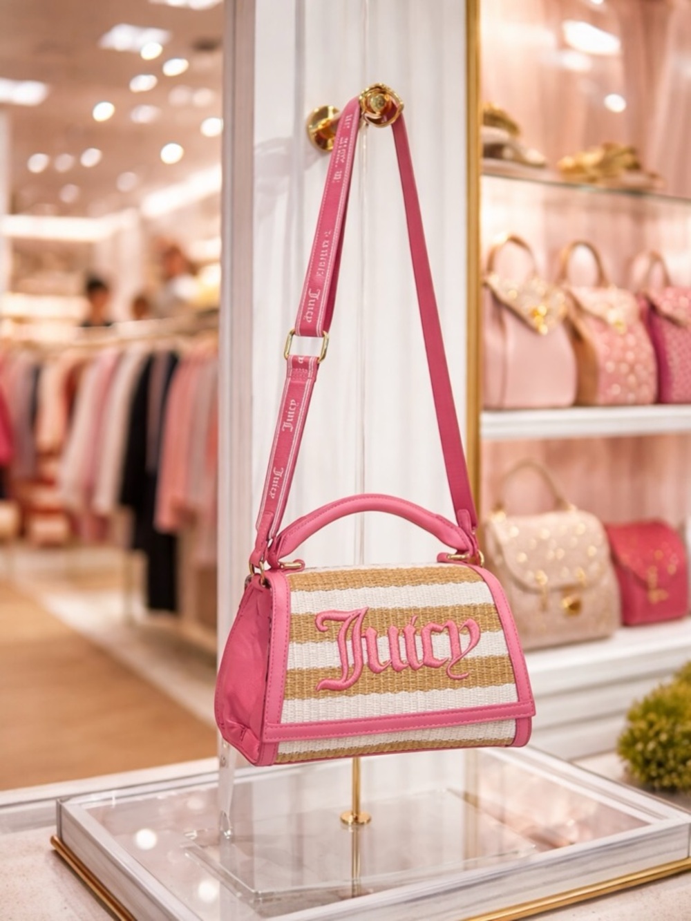 Juicy Couture Straw & Pink Crossbody Bag/Purse Adjustable Logo Strap Summer Chic - Picture 2 of 13